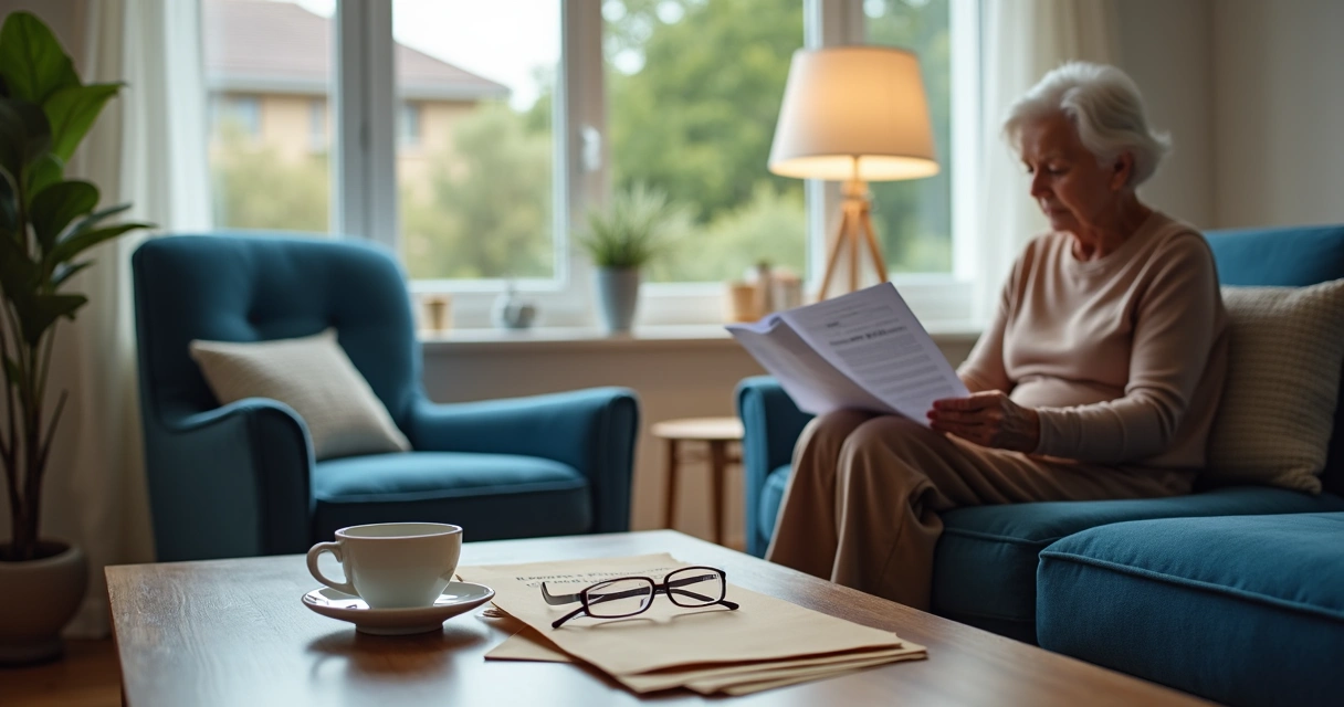 Elderly woman reading reverse mortgage documents 