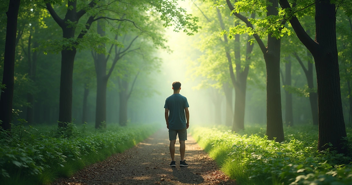 Persona parada frente a una bifurcación en un camino en la naturaleza.
