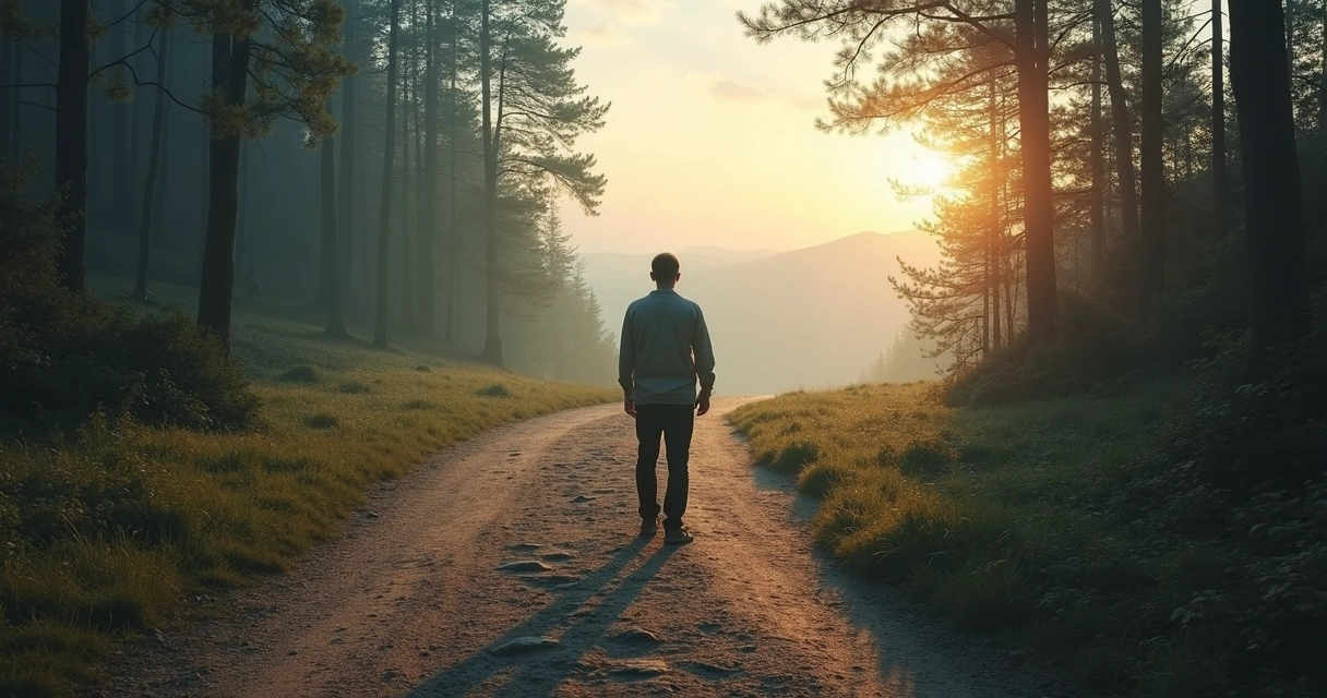 Persona de espaldas frente a bifurcación de caminos con paisaje luminoso y oscuro 