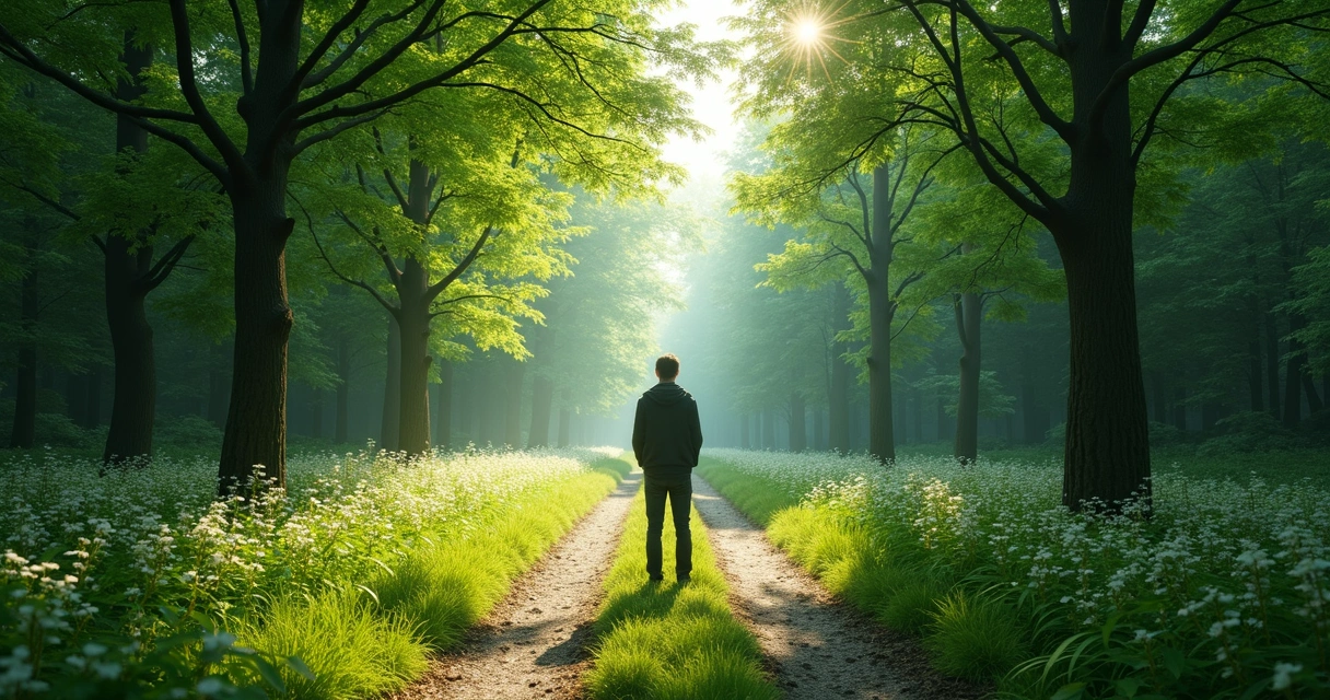 Persona ante dos caminos opuestos en un bosque, simbolizando una decisión entre valores personales 