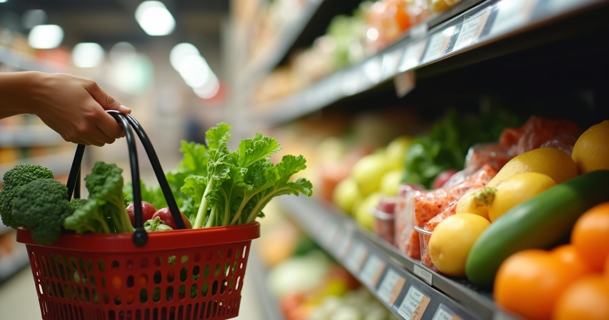 Mano eligiendo alimentos frescos en un supermercado con atención consciente