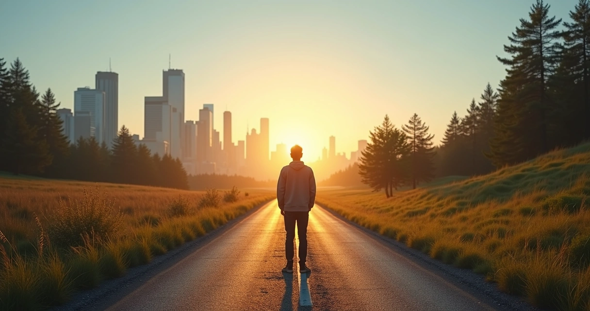 Persona ante un camino bifurcado con luz interior guiando su decisión 