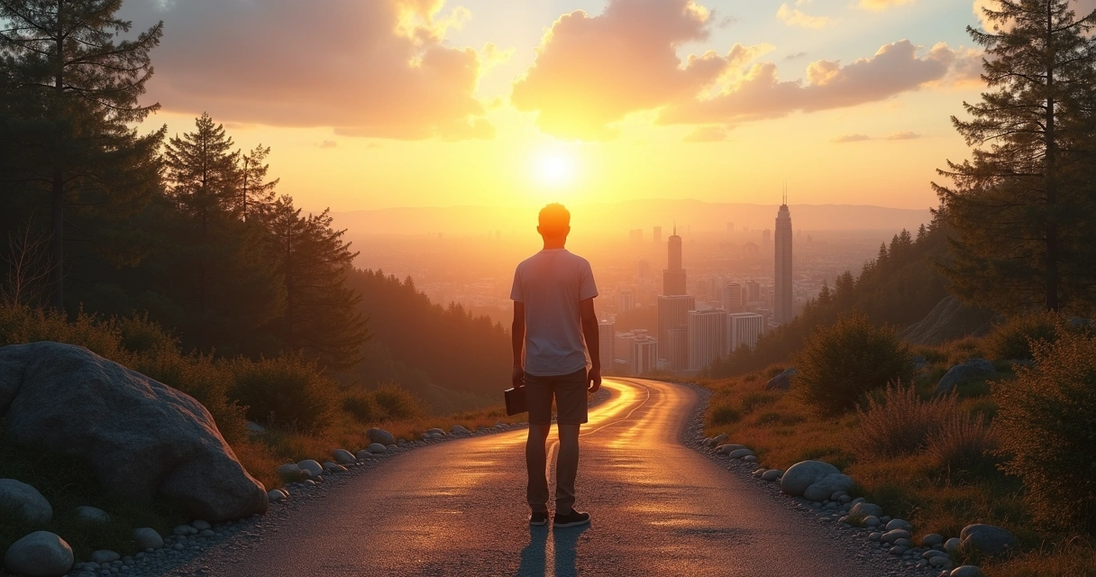 Persona de pie en una encrucijada entre un camino individual y una ciudad organizada al fondo 