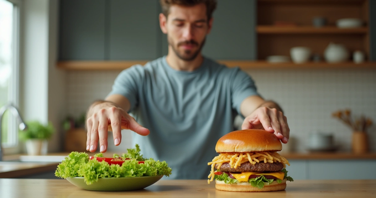 Persona en cocina decidiendo entre ensalada fresca y comida rápida 