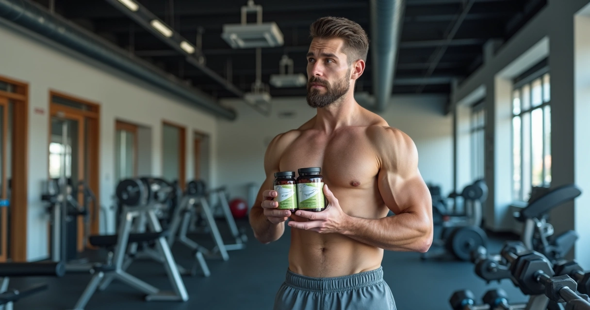 Persona en el gimnasio eligiendo entre varios suplementos deportivos 