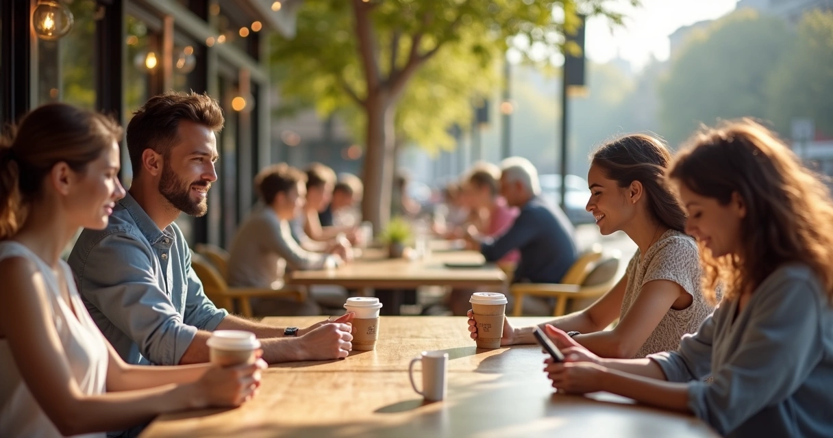 Personas en una cafetería compartiendo y decidiendo en grupo en una mesa al aire libre 