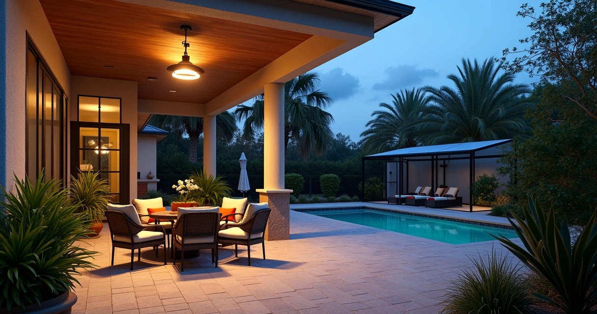 Electric patio heater mounted overhead on a Florida patio 