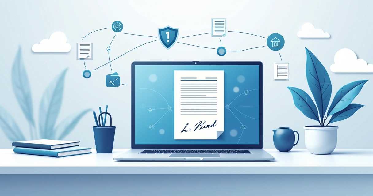 Illustration of a digital document being electronically signed on a tablet with legal and contract icons around it