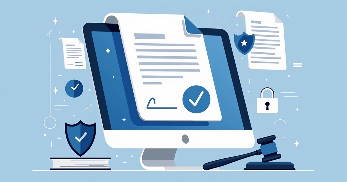 Flat illustration of digital contract on screen with legal documents and a shield icon for security