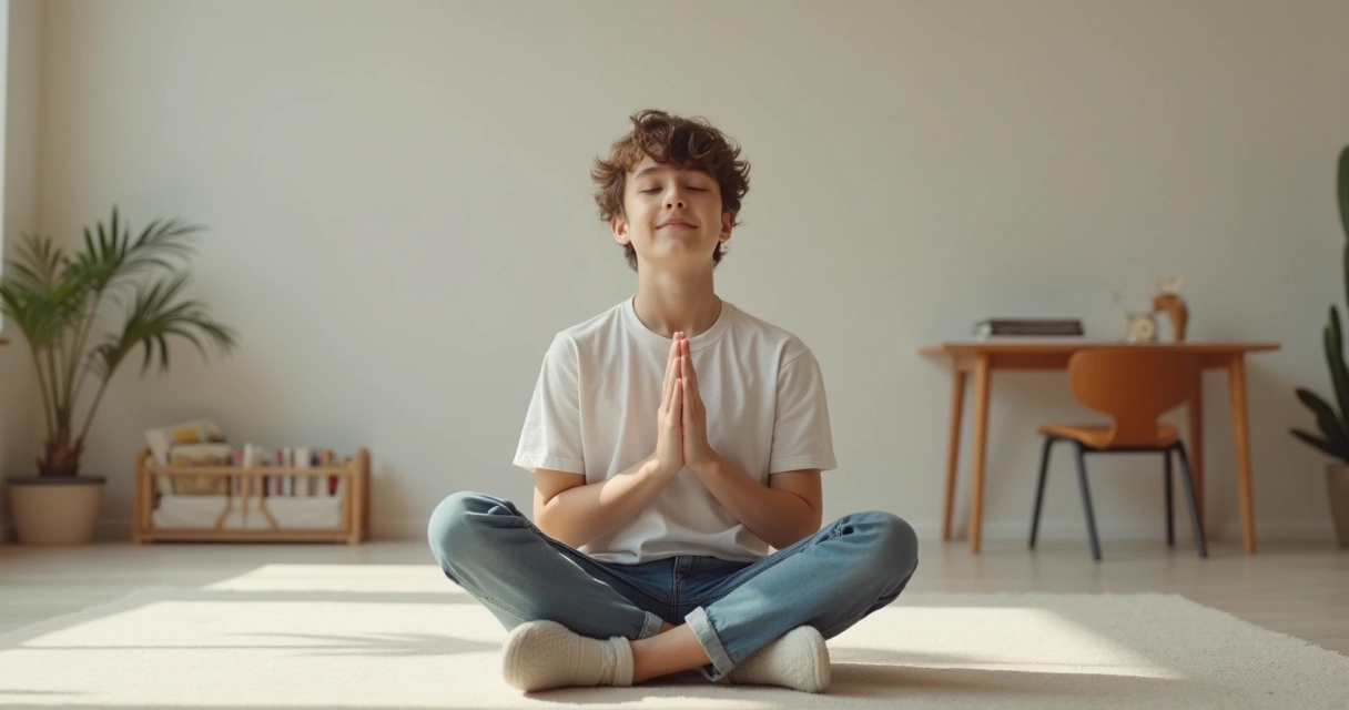 Adolescente sentado tranquilamente en habitación minimalista, meditando en silencio 