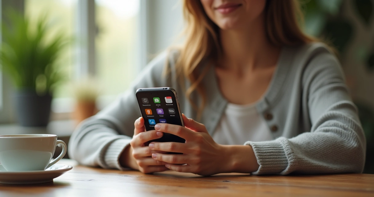 Persona usando un teléfono con apps de bienestar visibles en pantalla