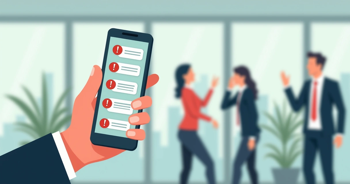 Celular recebendo várias mensagens em sequência, pessoas cochichando ao fundo 
