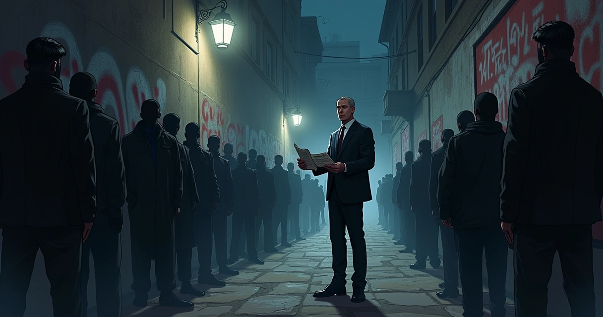 Cena política tensa para as eleições de 2026 com candidato cercado por figuras representando crime organizado.