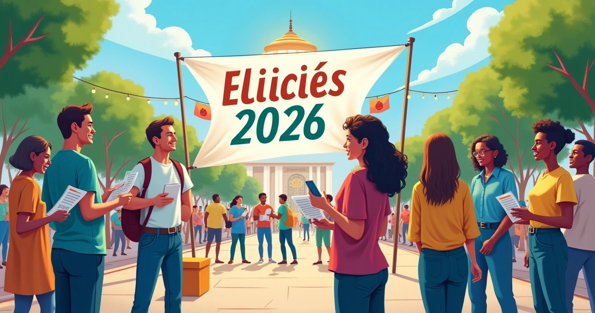 Grupo diversificado de eleitores discutindo sobre candidatos e segurando panfletos nas eleições de 2026.