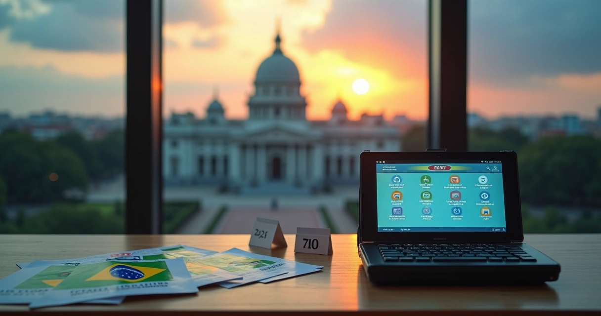 Urna eletrônica em destaque com Congresso Nacional ao fundo em clima de eleições 2026 