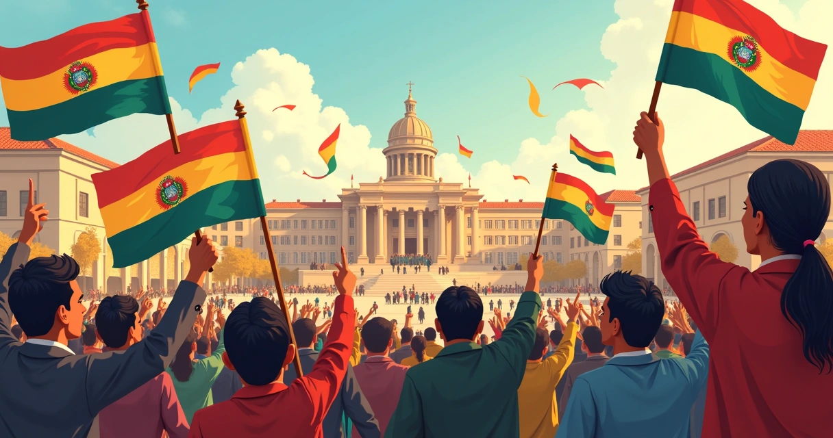 Bandeiras bolivianas e pessoas em um comício antigo 
