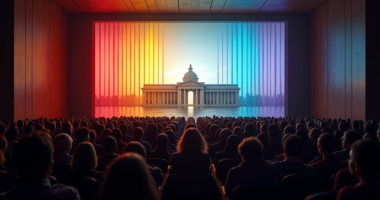 Auditório com público observando prédio do parlamento iluminado por cores ligadas a diferentes emoções 
