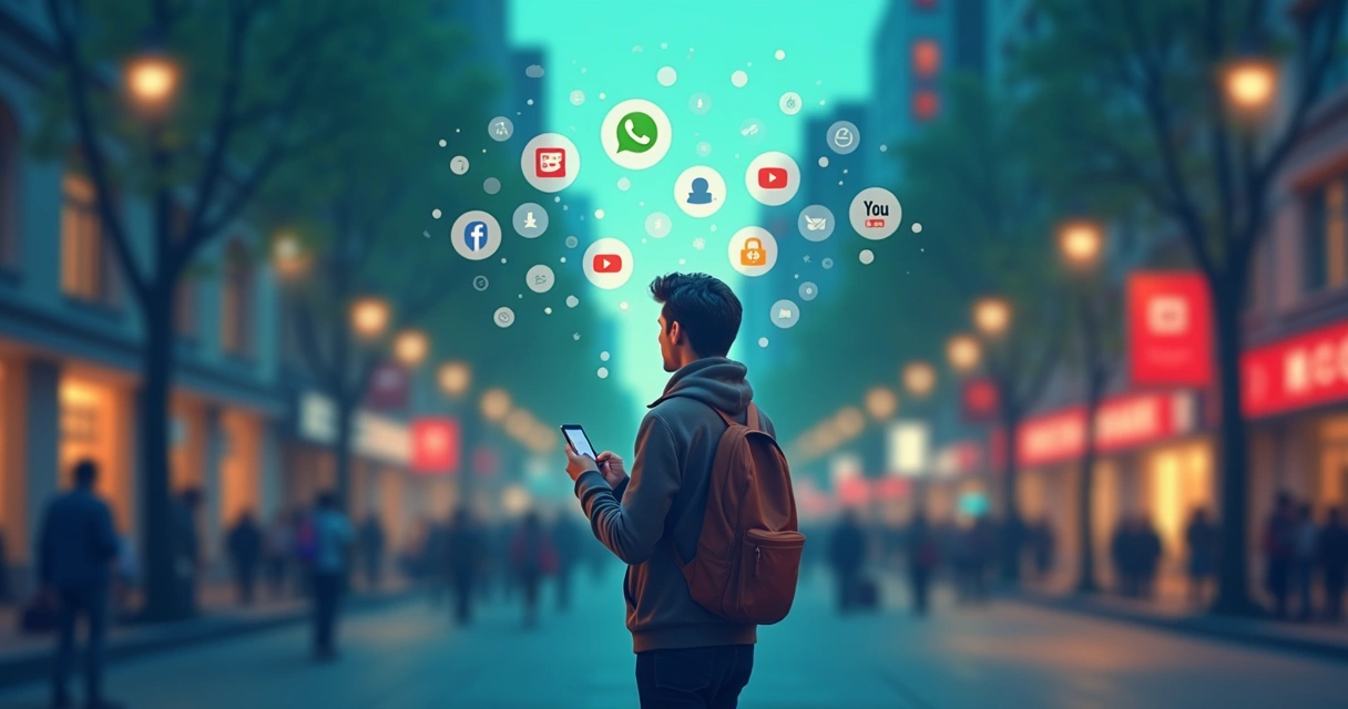 Pessoa olhando para o celular com ícones do WhatsApp e YouTube flutuando na tela 
