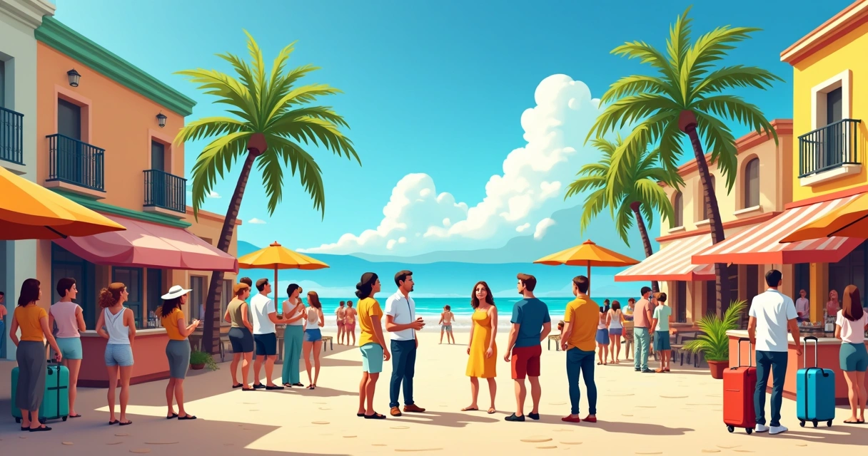 Candidatos conversando com moradores e turistas em área central de cidade turística, com elementos visuais de praia e comércio