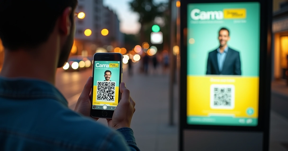 Eleitor escaneando QR code em outdoor de campanha na rua 