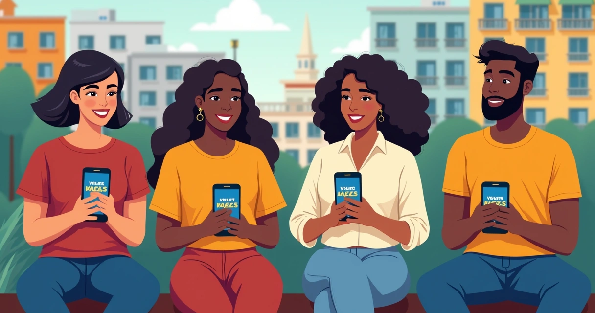 Jovens conectados assistindo vídeos de campanha política em smartphones