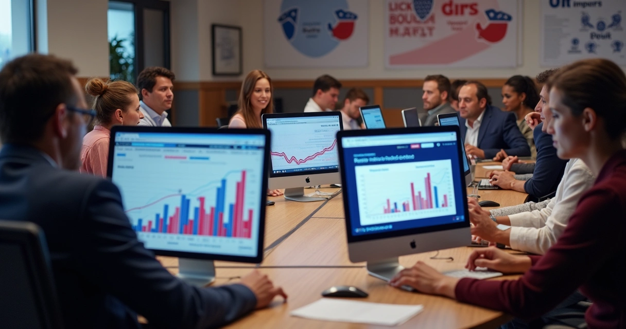 Pessoas analisando gráficos eleitorais em computadores