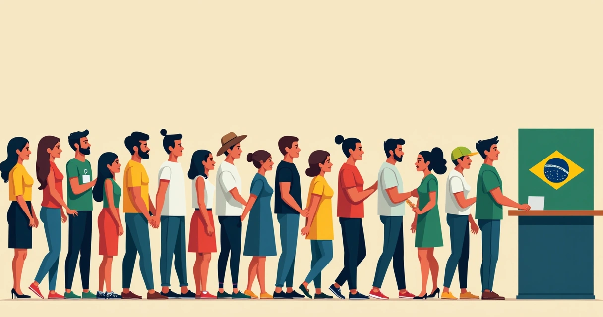 Fila diversa de eleitores aguardando votação em seção eleitoral. 