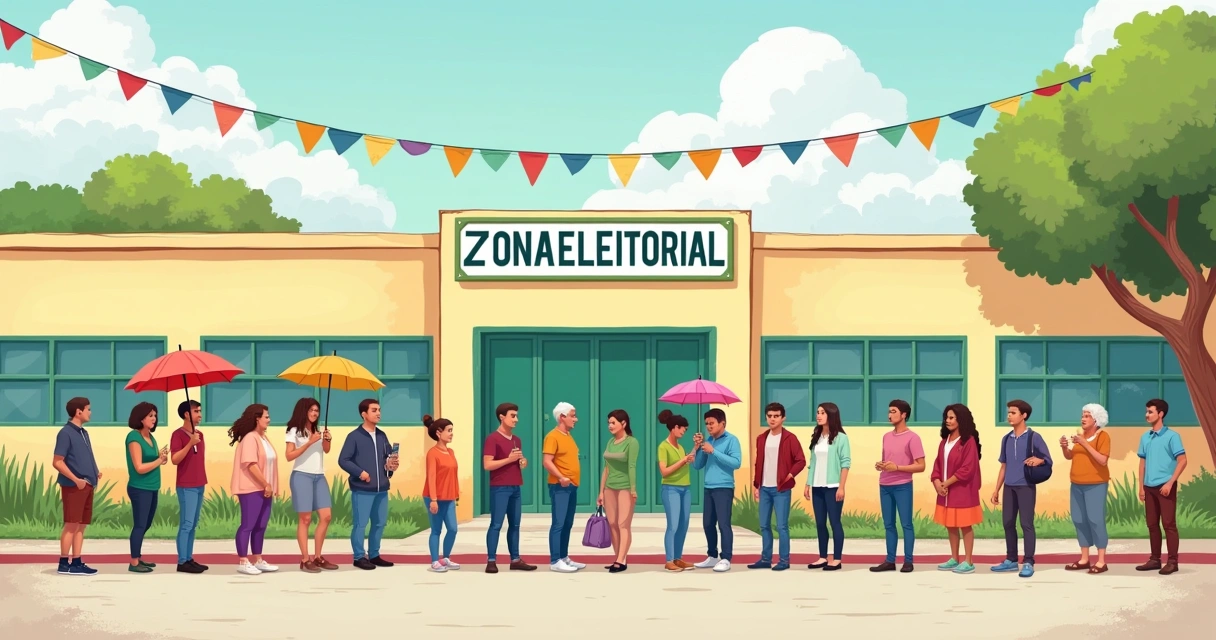 Diversas pessoas em fila de votação, algumas conversando, ambiente descontraído 