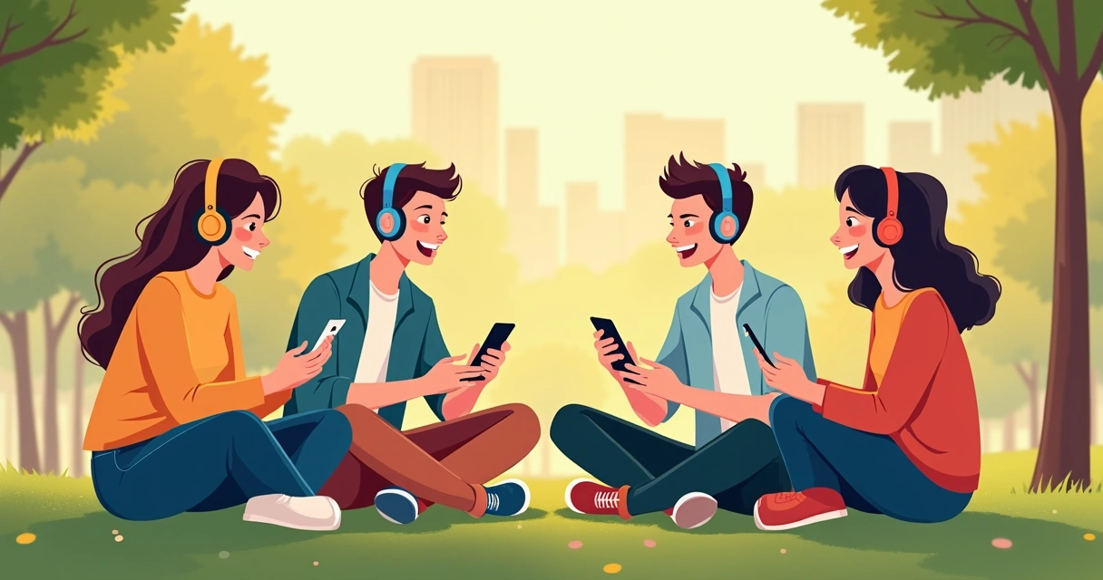 Grupo de jovens ouvindo podcast em seus smartphones 
