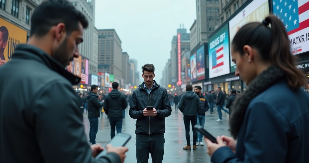 Eleitores olhando celulares em ambiente urbano tenso