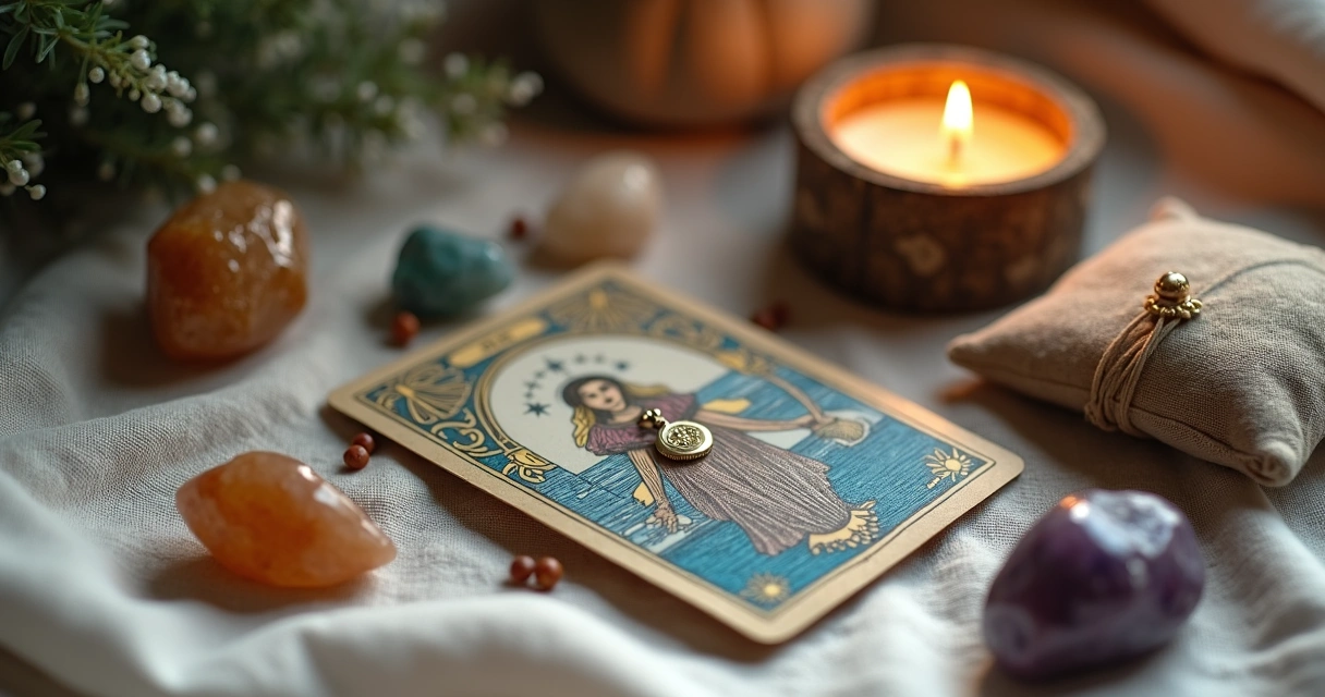 Itens pequenos como cristais, miniaturas e vela para altar portátil 