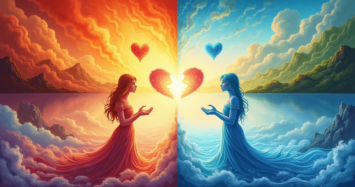 Ilustração dos quatro elementos astrológicos: fogo, terra, ar e água, representando o amor em cores vibrantes.
