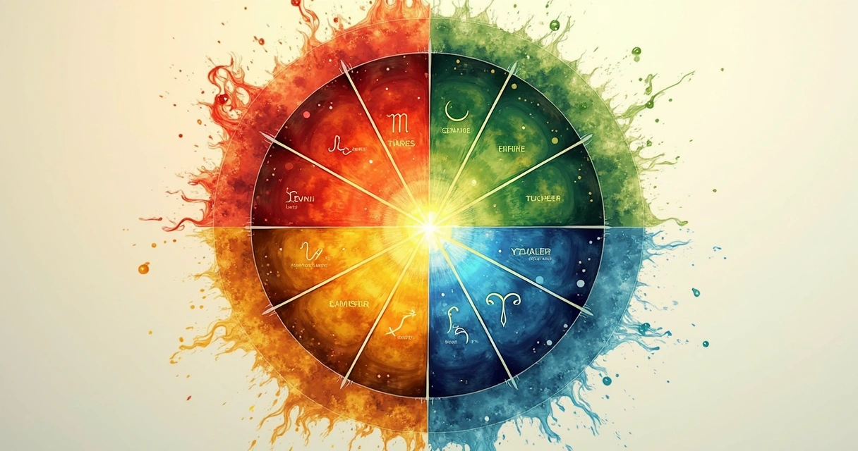 Gráfico colorido dos quatro elementos com símbolos dos signos 