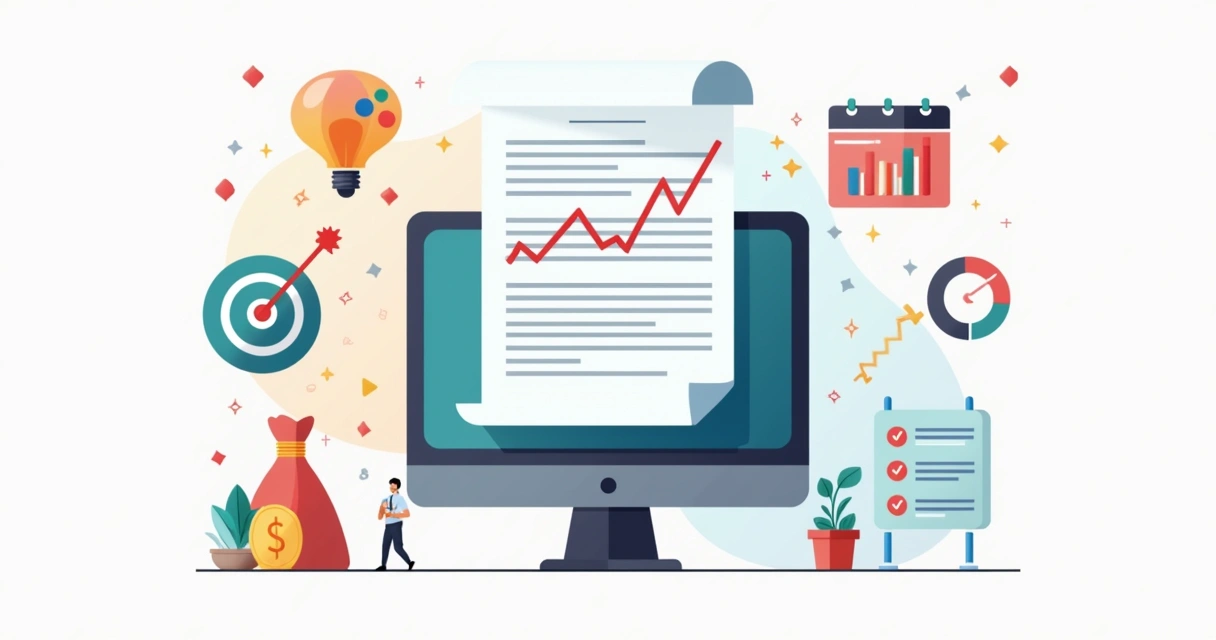 Elementos de briefing digital ilustrados como ícones em torno de um monitor 