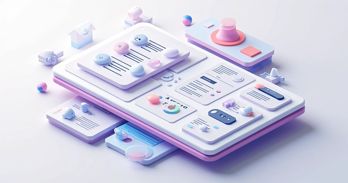 Elementos de design system organizados em blocos visuais