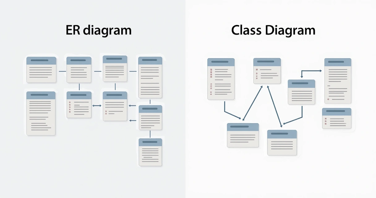 Principais elementos visuais dos diagramas ER e de classe lado a lado 