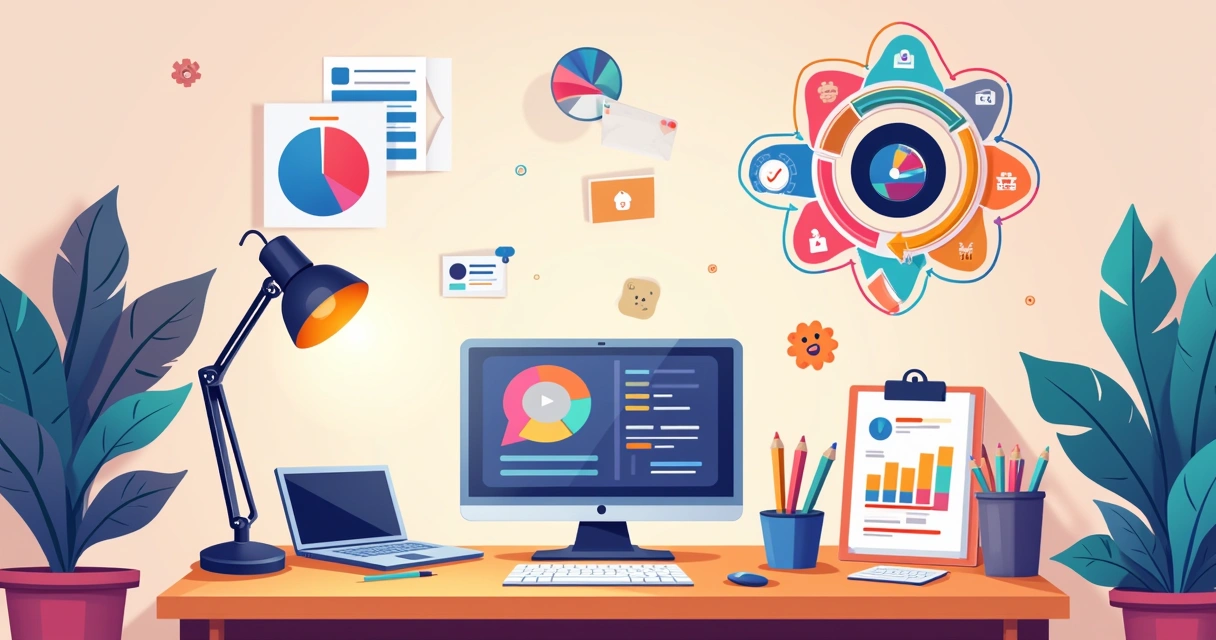 Mesa de trabalho com caderno, computador mostrando gráficos e paleta de cores, simbolizando branding.