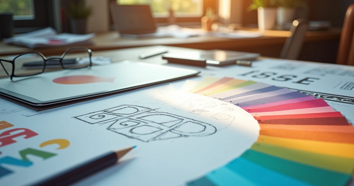 Elementos de identidade visual, incluindo logotipo, paleta de cores e tipografia sobre uma mesa 