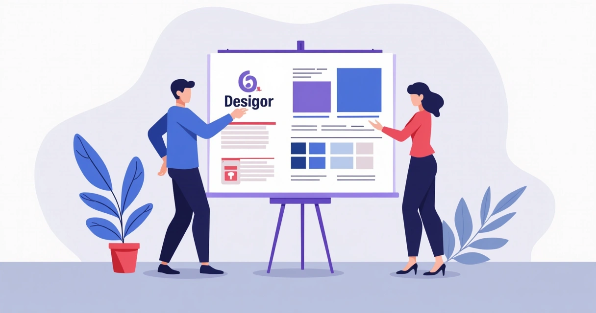Ilustração corporativa mostrando elementos de identidade visual como logotipo, paleta de cores e tipografia alinhados em um painel organizado