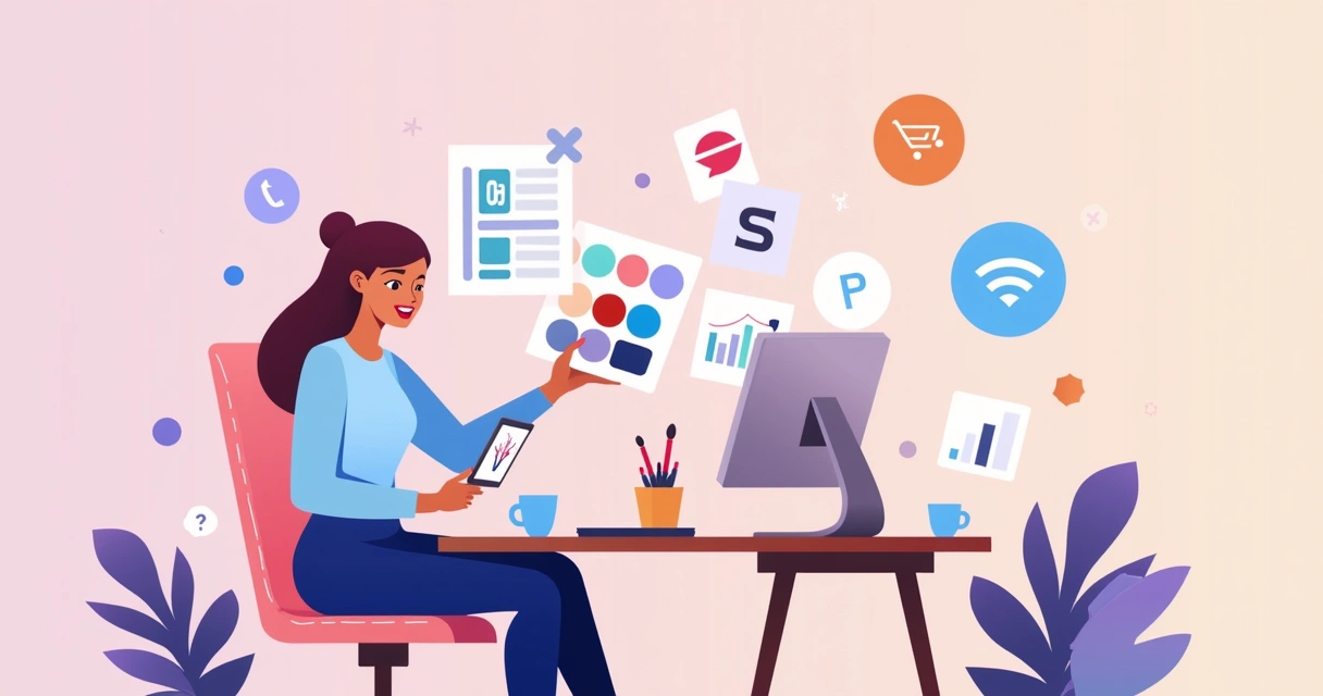 Ilustração corporativa flat com mulher empreendedora analisando paleta de cores e tipografias para identidade visual feminina 