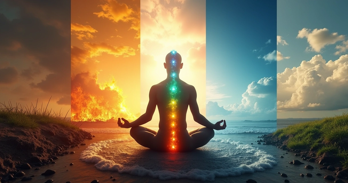 Montagem artística dos quatro elementos naturais ilustrando chakras alinhados a cada símbolo
