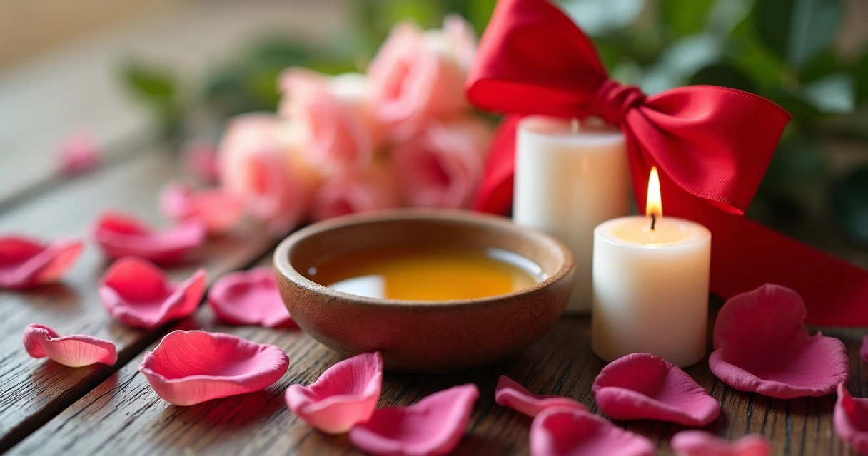 Kit com velas, mel, rosas e laço de fita vermelho