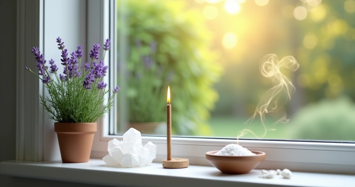 Elementos para proteção espiritual como cristais, incensos, flores e sal grosso ao lado de uma janela iluminada