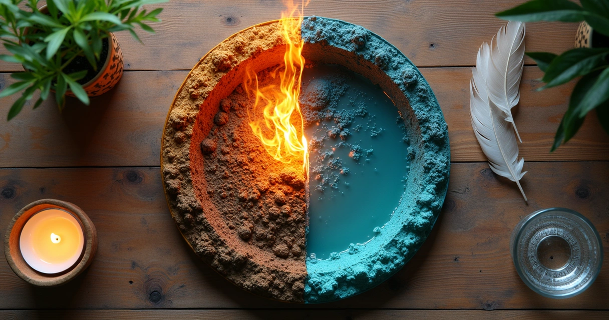 Quatro elementos representados por objetos em uma mesa