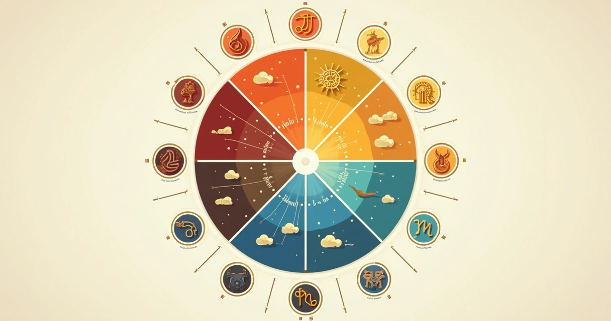 Círculo com os quatro elementos do zodíaco representados em cores diferentes 
