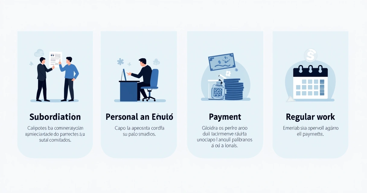 Ilustração dos quatro elementos do vínculo de emprego: subordinação, pessoalidade, onerosidade, não eventualidade 