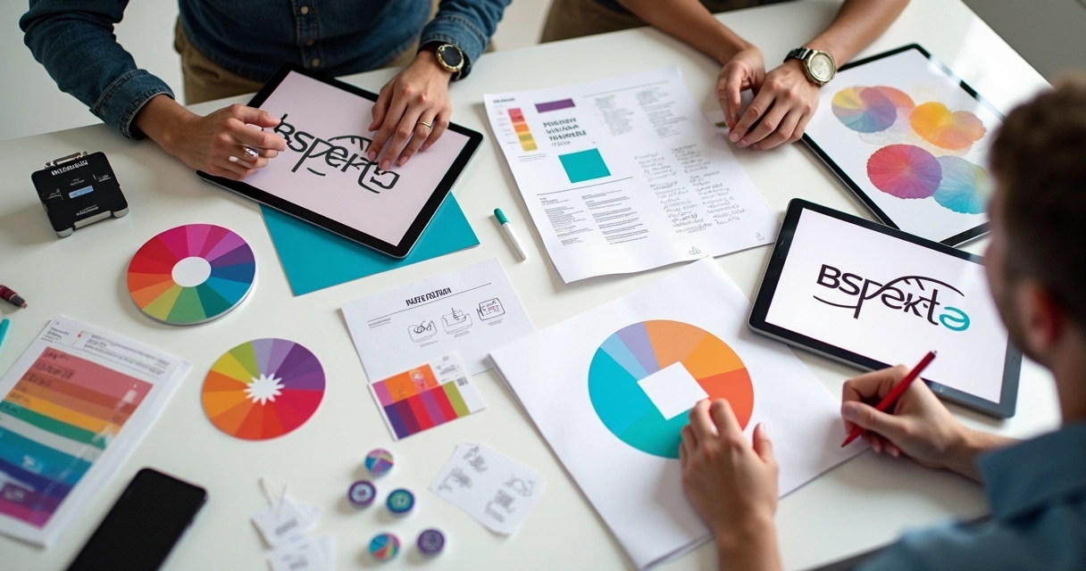 Conjunto de elementos visuais de marca, como logotipo, cores e fontes 