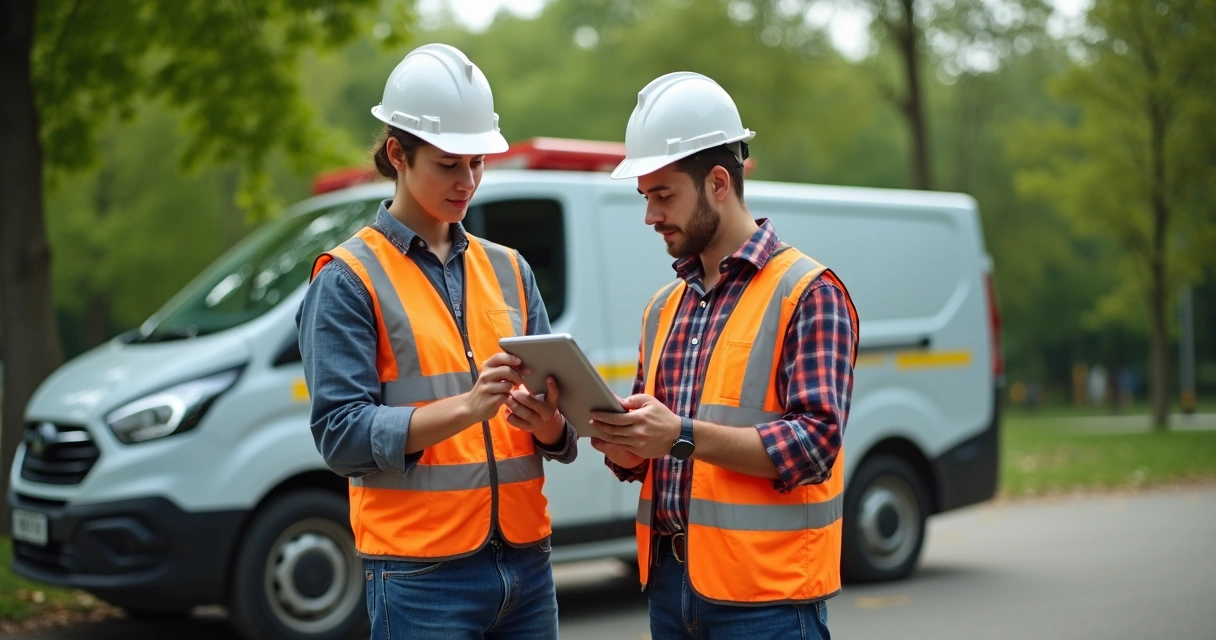 Eletricista conferindo checklist digital com gestor em campo 