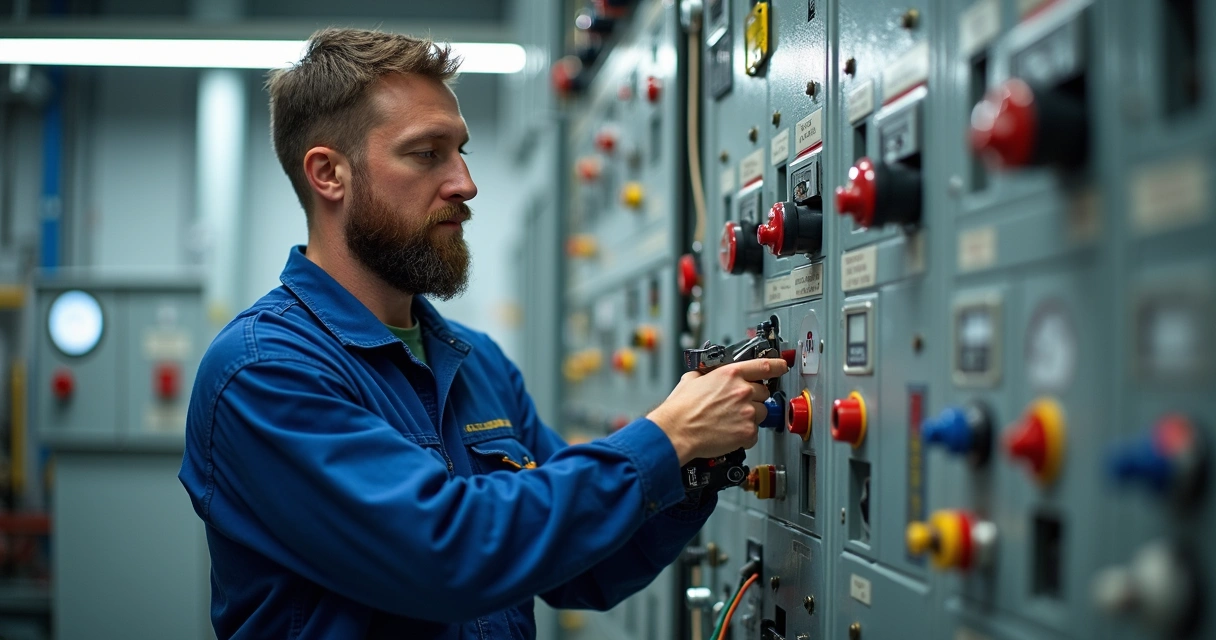 Eletricista trabalhando em painel industrial de alta tensão 