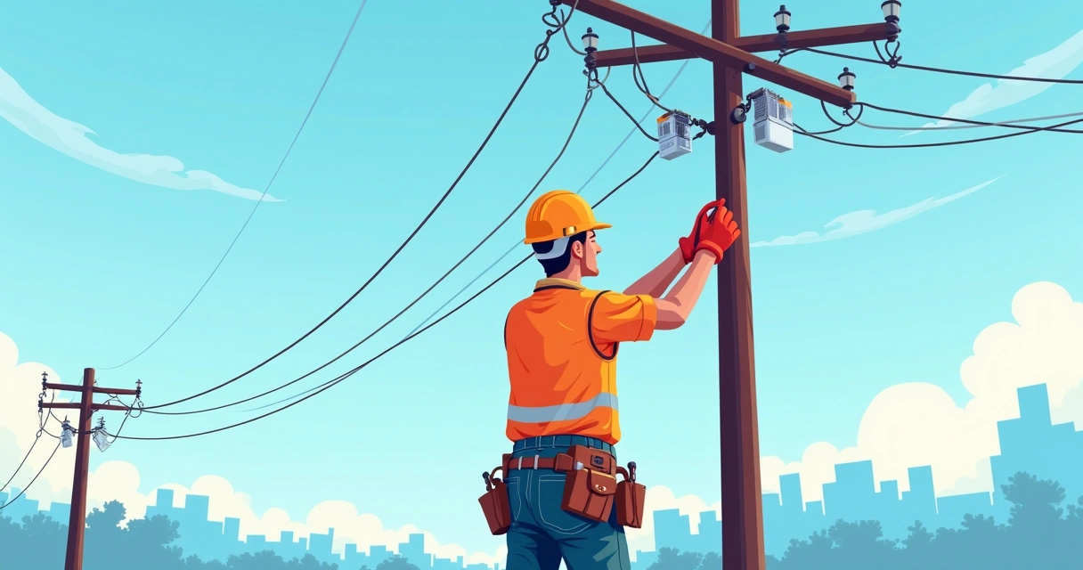 Eletricista utilizando equipamentos de proteção ao realizar manutenção em poste com fios elétricos, cenário diurno
